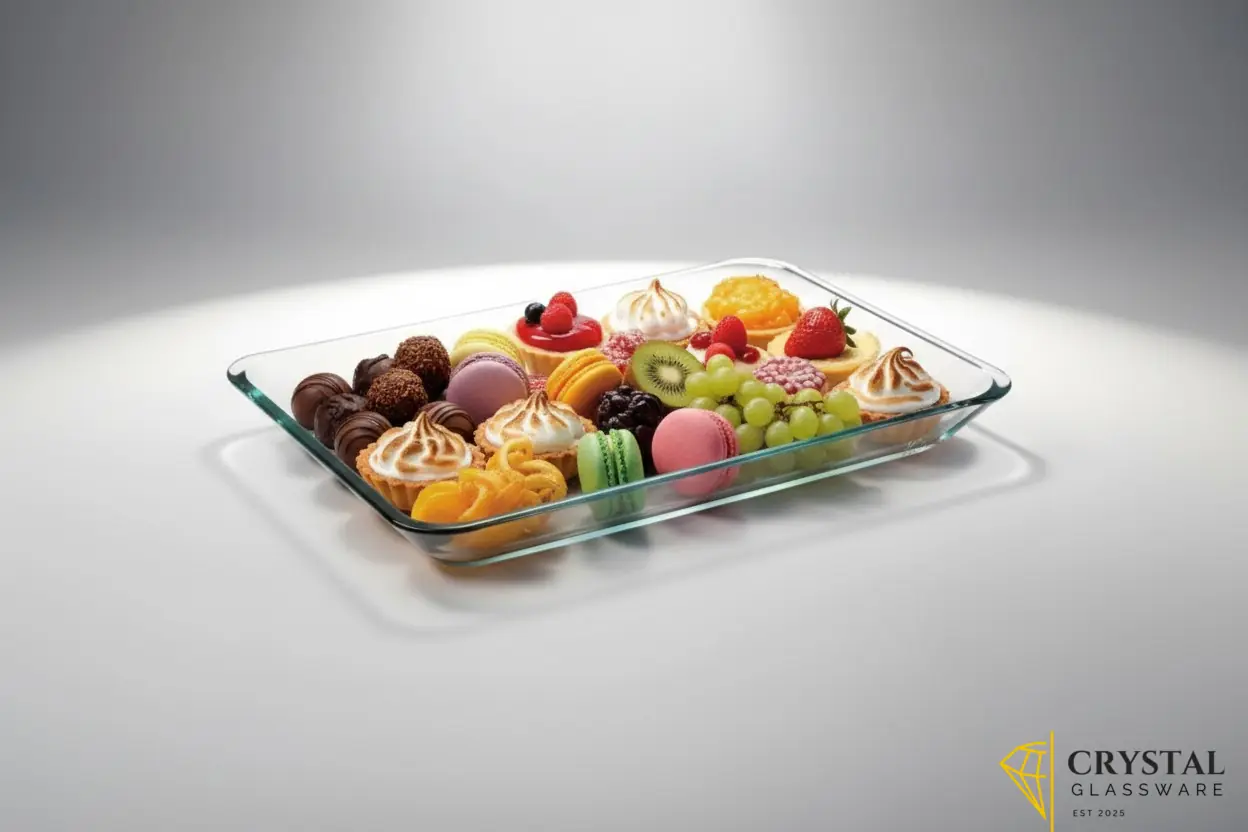 Delisoga  glass serving tray features a transparent, rectangular design perfect for displaying fruits or desserts